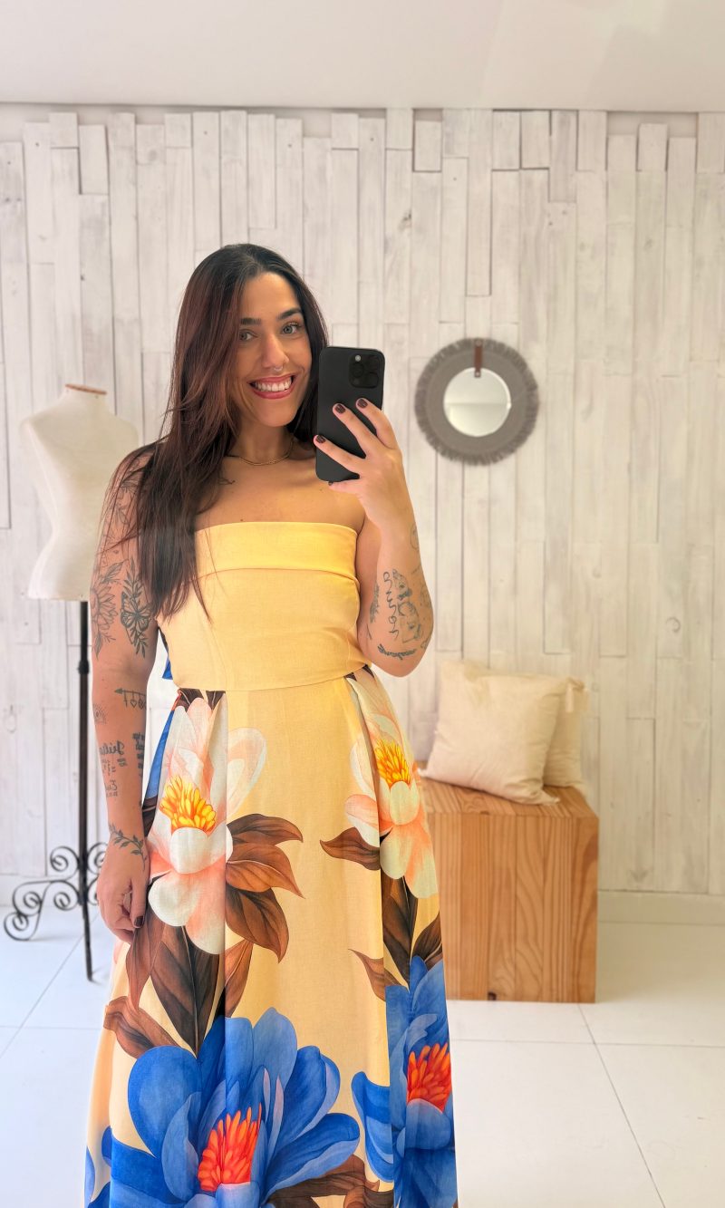 vestido tomara que caia estampado