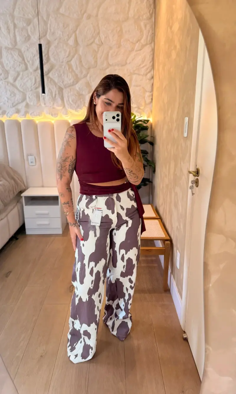calÇa wide leg cow print