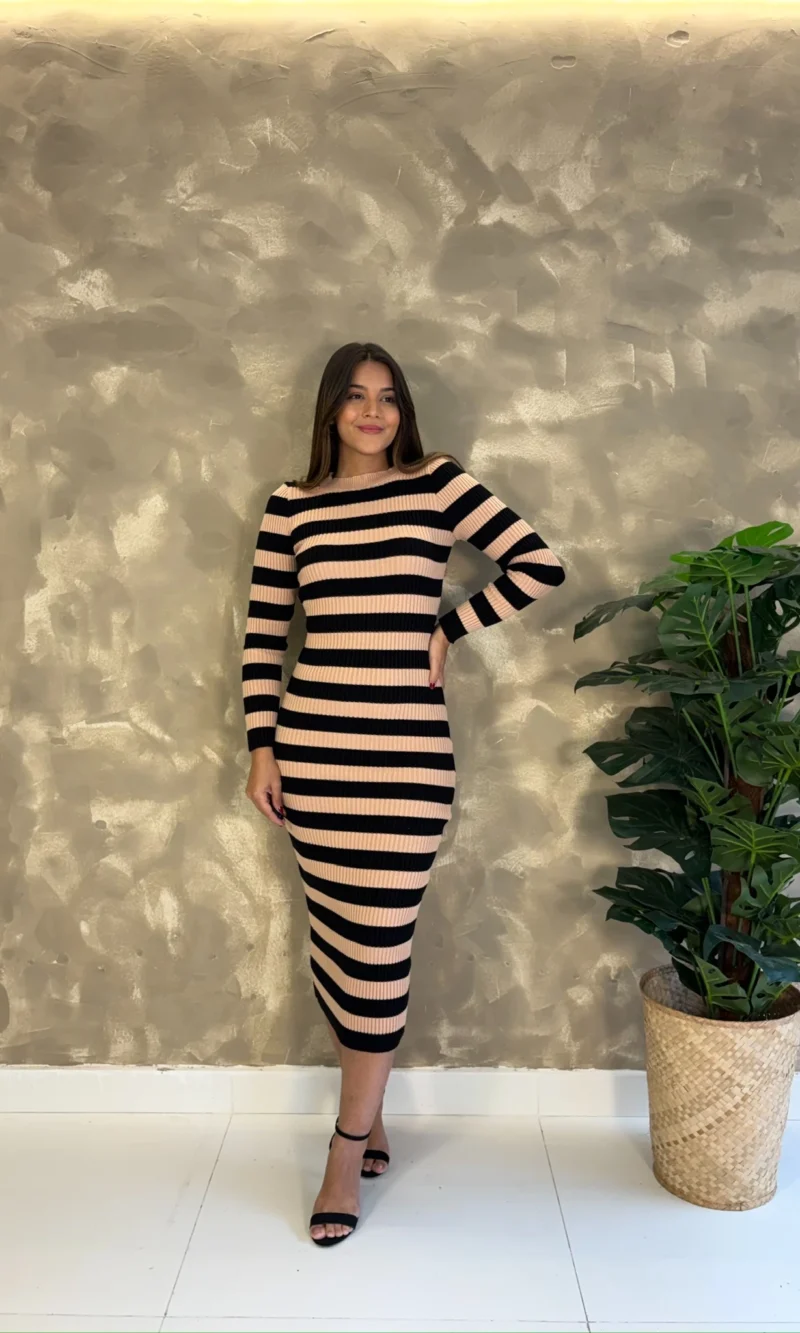 Vestido Tricô Modal Listrado - Manga Longa