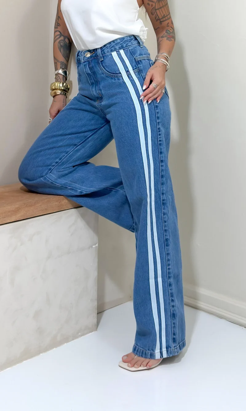 Calça Wide Leg Jeans - Listra Lateral